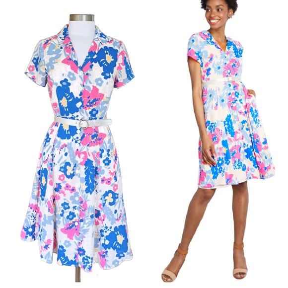 Modcloth Dresses & Skirts - MODCLOTH Exciting Find Shirt Midi Dress Pink Blue Floral Small Retro Spring